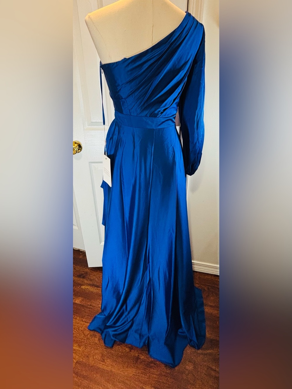 Mac Duggal One-Shoulder Cobalt Blue High-Low Satin Gown - Picture 7 of 10